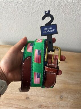NWT Simply Southern Green American Flag Ribbon Belt with Brown Leather Trim